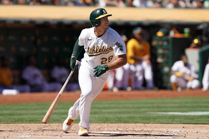 Sep 11, 2021; Oakland, California, USA; Oakland Athletics first baseman Matt Olson (28) hits a home run during the third inning against the Texas Rangers at RingCentral Coliseum. Mandatory Credit: Darren Yamashita-USA TODAY Sports