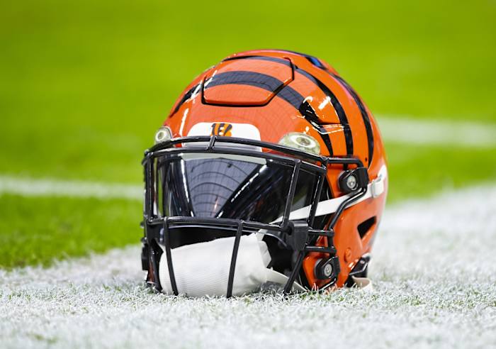 Nov 21, 2021; Paradise, Nevada, USA; Detailed view of a Cincinnati Bengals helmet against the Las Vegas Raiders at Allegiant Stadium. Mandatory Credit: Mark J. Rebilas-USA TODAY Sports