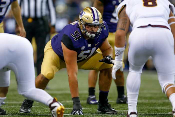 Sep 22, 2018; Seattle, WA, USA; Washington Huskies offensive lineman Jaxson Kirkland (51) in action during the first quarter against the Arizona State Sun Devils at Husky Stadium.