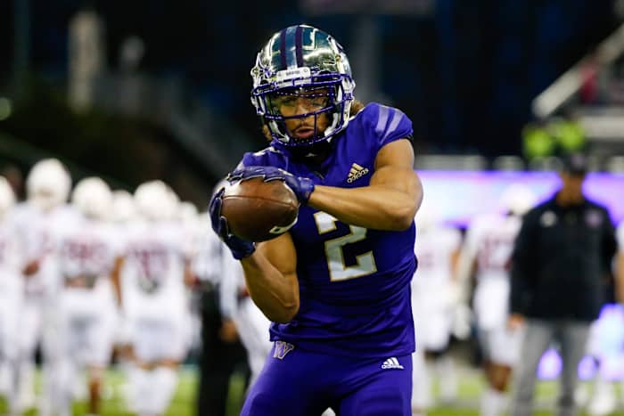 Nov 26, 2021; Seattle, Washington, USA; Washington Huskies defensive back Kyler Gordon (2) participates in pregame warmups against the Washington State Cougars at Alaska Airlines Field at Husky Stadium.