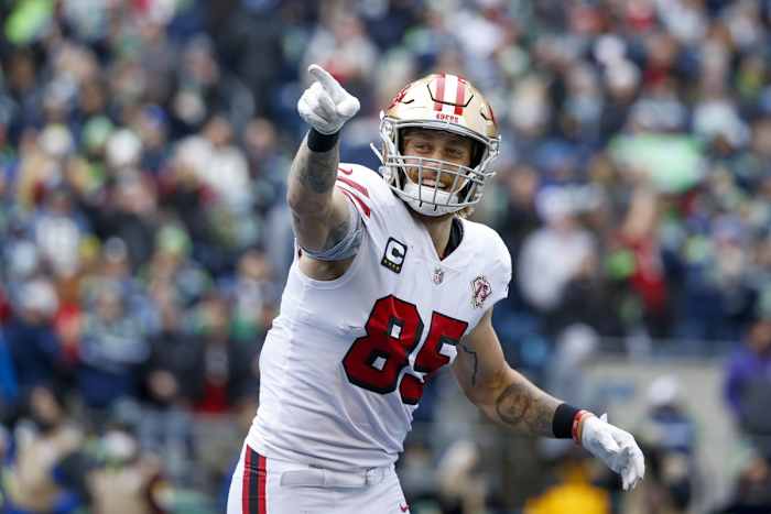 Dec 5, 2021; Seattle, Washington, USA; San Francisco 49ers tight end George Kittle (85) celebrates after catching a touchdown pass against the Seattle Seahawks during the first quarter at Lumen Field. Mandatory Credit: Joe Nicholson-USA TODAY Sports