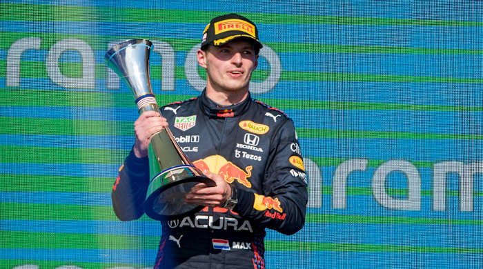 Max Verstappen celebrates his win at the US Grand Prix.