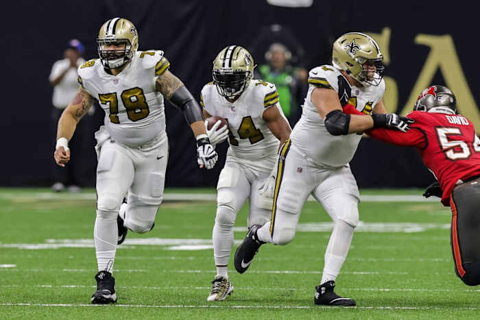 New Orleans Saints center Erik McCoy (78) blocks for running back Mark Ingram II (14) against Tampa Bay. Mandatory Credit: Stephen Lew-USA TODAY