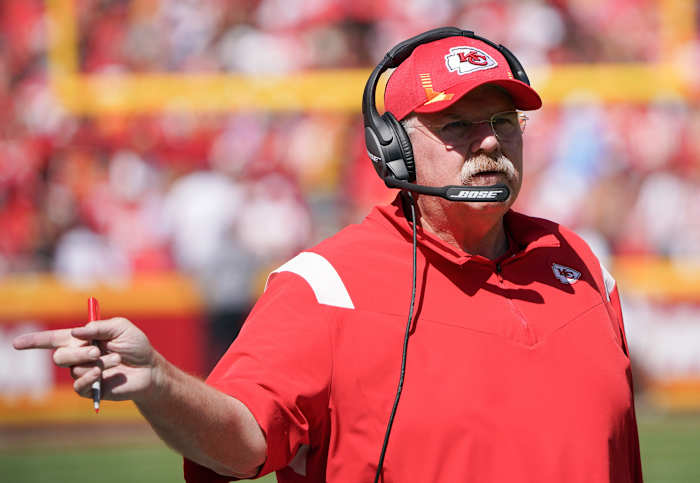 Sep 26, 2021; Kansas City, Missouri, USA; Kansas City Chiefs head coach Andy Reid on the sidelines against the Los Angeles Chargers during the game at GEHA Field at Arrowhead Stadium. Mandatory Credit: Denny Medley-USA TODAY Sports