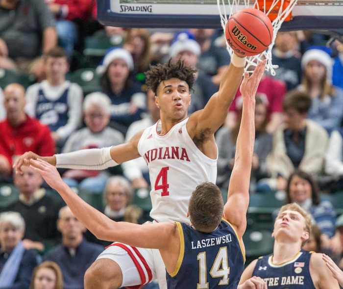 Indiana's Trayce Jackson-Davis blocks a shot against Notre Dame during his freshman year with the Hoosiers. (USA TODAY Sports)