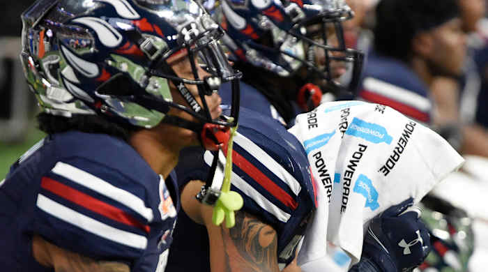 Jackson State linebacker Keonte Hampton (40) hangs his head as time runs out in the loss to South Carolina State in the Celebration Bowl.