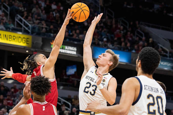 Indiana guard Parker Stewart (left) blocks the shot of Notre Dame guard Dane Goodwin. (Trevor Ruszkowski/USA TODAY Sports)