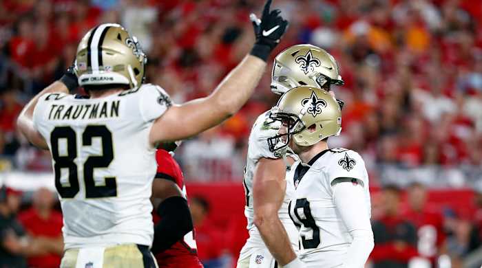 New Orleans Saints kicker Brett Maher (19) celebrates as he makes a field goal against the Tampa Bay Buccaneers