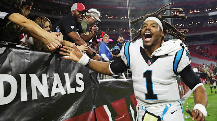 Carolina Panthers quarterback Cam Newton (1) celebrates after beating the Arizona Cardinals