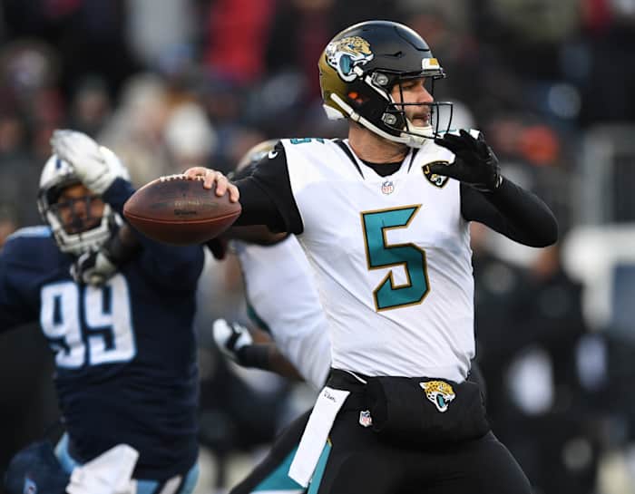 Dec 31, 2017; Jacksonville Jaguars quarterback Blake Bortles (5) passes against the Tennessee Titans. Mandatory Credit: Christopher Hanewinckel-USA TODAY