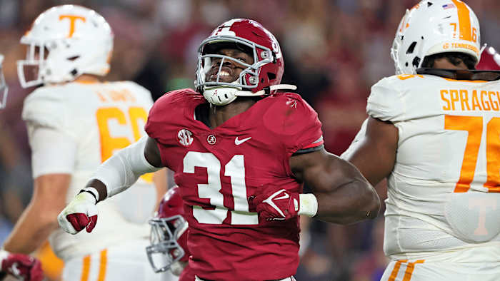 Alabama linebacker Will Anderson Jr. celebrates a sack