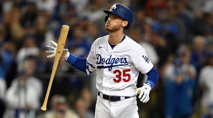 Oct 21, 2021; Los Angeles, California, USA; Los Angeles Dodgers first baseman Cody Bellinger (35) reacts after striking out in the third inning against the Atlanta Braves during game five of the 2021 NLCS at Dodger Stadium.