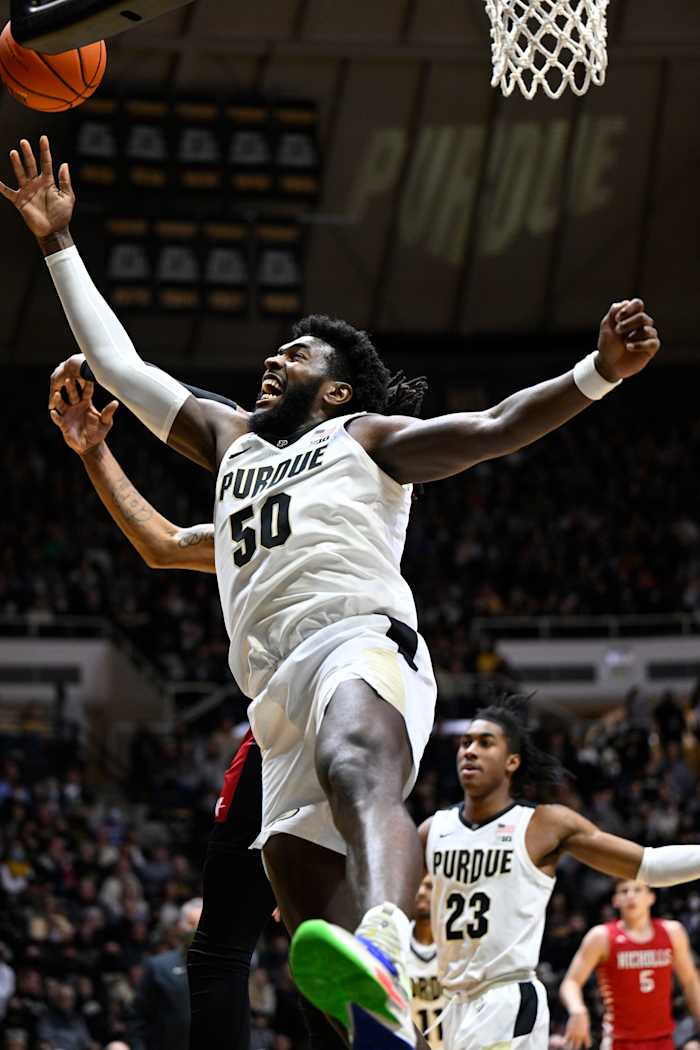 Trevion Williams goes in for a rebound versus Nicholls State.