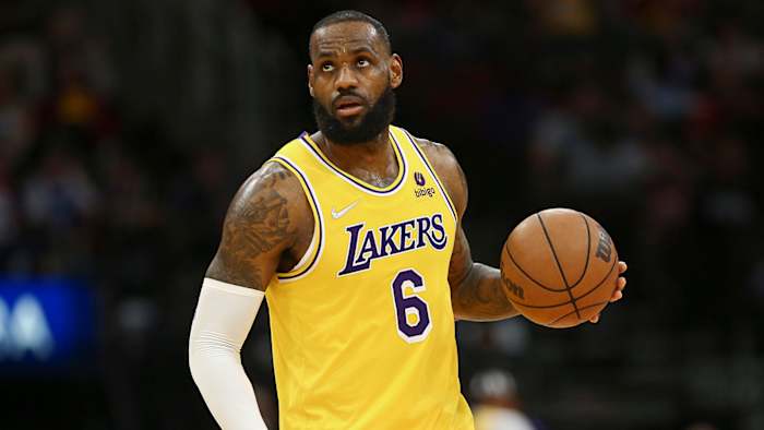 Los Angeles Lakers forward LeBron James (6) dribbles the ball during the fourth quarter against the Houston Rockets.