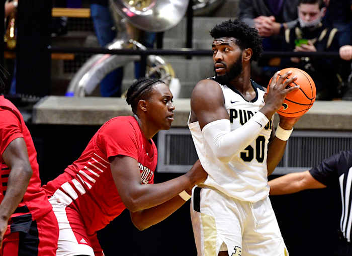 Trevion Williams keeps the ball away from a Nicholls State defender.