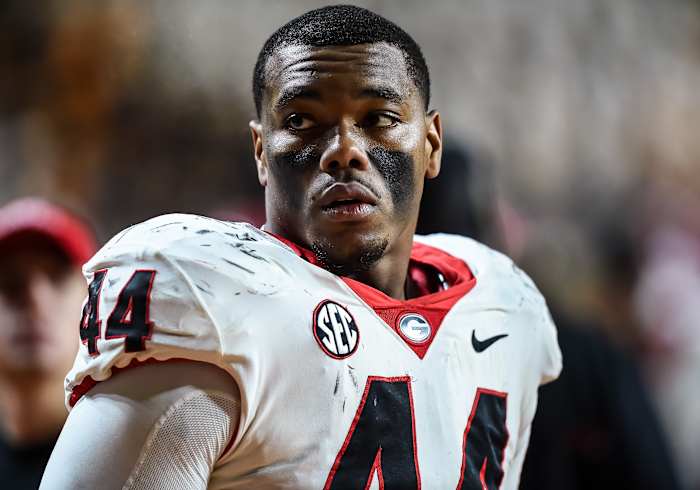 Nov 13, 2021; Knoxville, Tennessee, USA; Georgia Bulldogs defensive lineman Travon Walker (44) stands on the sidelines during the second half against the Tennessee Volunteers at Neyland Stadium. Mandatory Credit: Bryan Lynn-USA TODAY Sports