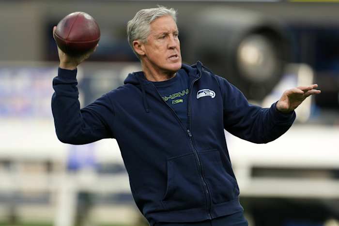 NFL: Seattle Seahawks at Los Angeles Rams Dec 21, 2021; Inglewood, California, USA; Seattle Seahawks head coach Pete Carroll throws the ball before the game against the Los Angeles Rams at SoFi Stadium.