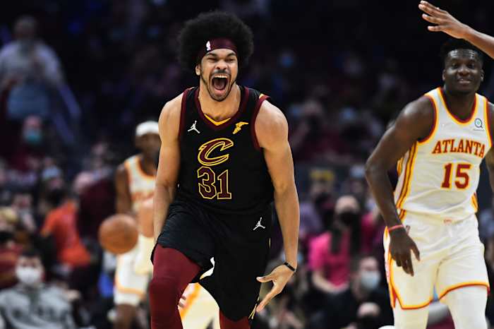 Dec 31, 2021; Cleveland, Ohio, USA; Cleveland Cavaliers center Jarrett Allen (31) celebrates after a dunk during the first half against the Atlanta Hawks at Rocket Mortgage FieldHouse