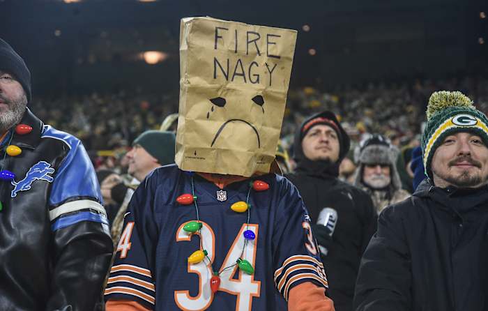 A Chicago Bears fans shows his displeasure with the head coach Matt Nagy (not pictured) during the game against the Green Bay Packers at Lambeau Field.