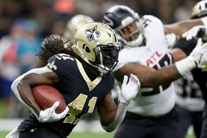 New Orleans Saints running back Alvin Kamara (41) runs against the Atlanta Falcons. Mandatory Credit: Chuck Cook-USA TODAY Sports