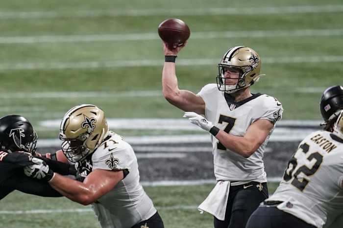 New Orleans Saints quarterback Taysom Hill (7) passes against the Atlanta Falcons. Mandatory Credit: Dale Zanine-USA TODAY Sports