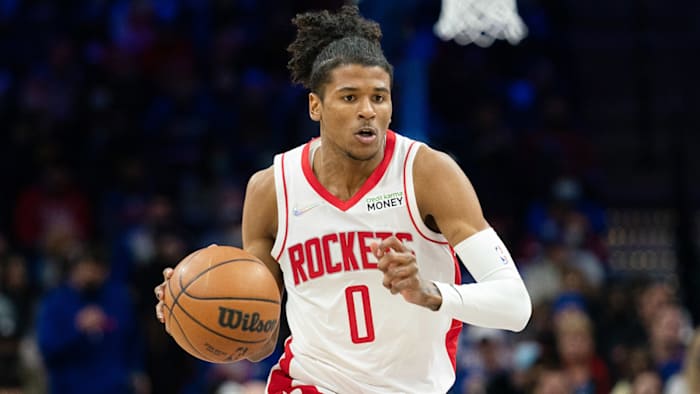 Houston Rockets guard Jalen Green (0) dribbles the ball against the Philadelphia 76ers.