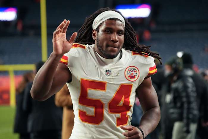Jan 8, 2022; Denver, Colorado, USA; Kansas City Chiefs outside linebacker Nick Bolton (54) after the game against the Denver Broncos at Empower Field at Mile High. Mandatory Credit: Ron Chenoy-USA TODAY Sports
