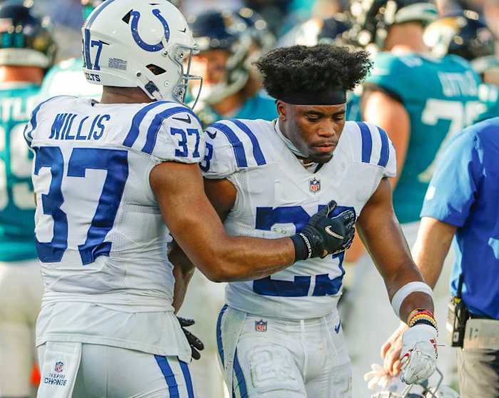 Indianapolis Colts safety Khari Willis (37) and cornerback Kenny Moore II (23) show frustration late in the fourth quarter of the game on Sunday, Jan. 9, 2022, at TIAA Bank Field in Jacksonville, Fla. The Colts lost to the Jaguars, 11-26. The Indianapolis Colts Versus Jacksonville Jaguars On Sunday Jan 9 2022 Tiaa Bank Field In Jacksonville Fla