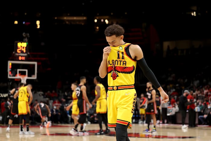 Jan 12, 2022; Atlanta, Georgia, USA; Atlanta Hawks guard Trae Young (11) takes a moment before the start of their game against the Miami Heat at State Farm Arena.