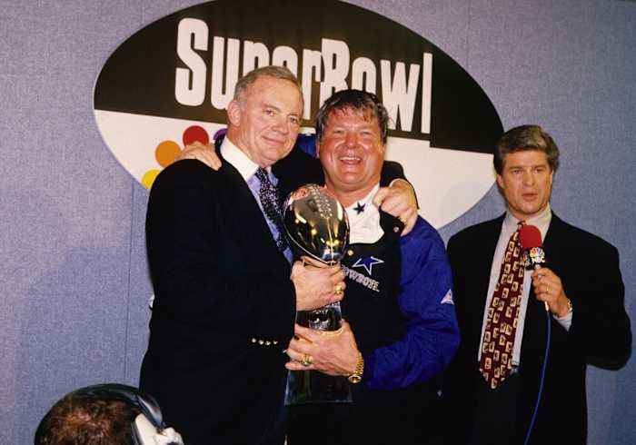 Dallas Cowboys owner Jerry Jones and head coach Jimmy Johnson with the Lombardi trophy after defeating the Buffalo Bills during Super Bowl XXVIII at the Georgia Dome. Dallas defeated Buffalo 30-13.