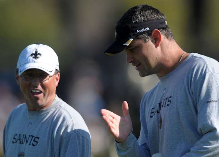 Aug 22, 2011; New Orleans Saints offensive coordinator Pete Carmichael Jr. (left) and quarterbacks coach Joe Lombardi at Saints training camp. Mandatory Credit: Kirby Lee/Image of Sport-USA TODAY Sports