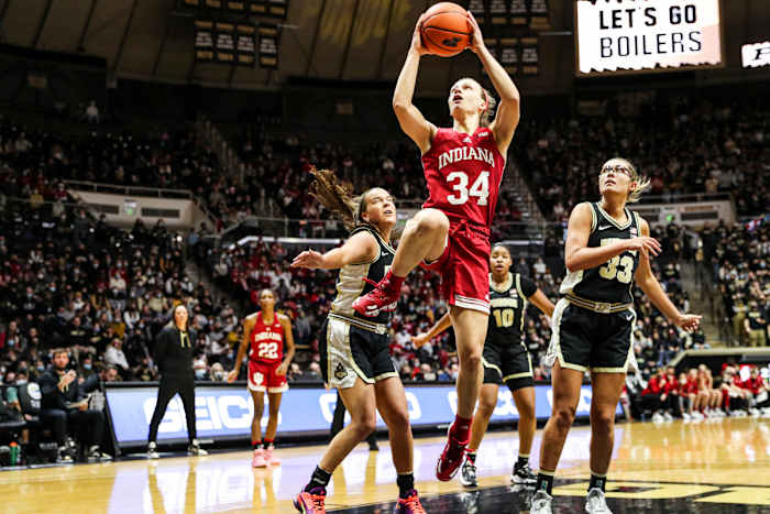 Grace Berger goes in for the layup at Mackey Arena.