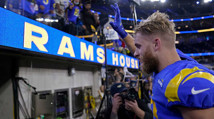 Los Angeles Rams wide receiver Cooper Kupp walks off the field after the Rams defeated the Arizona Cardinals in an NFL wild-card playoff football game