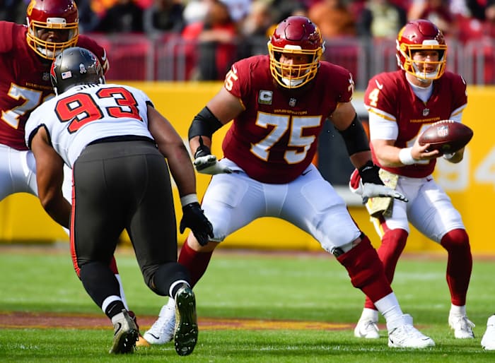 Washington Football Team guard Brandon Scherff blocking