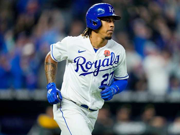May 31, 2021; Kansas City, Missouri, USA; Kansas City Royals shortstop Adalberto Mondesi (27) rounds the bases after hitting a home run against the Pittsburgh Pirates during the fifth inning at Kauffman Stadium.