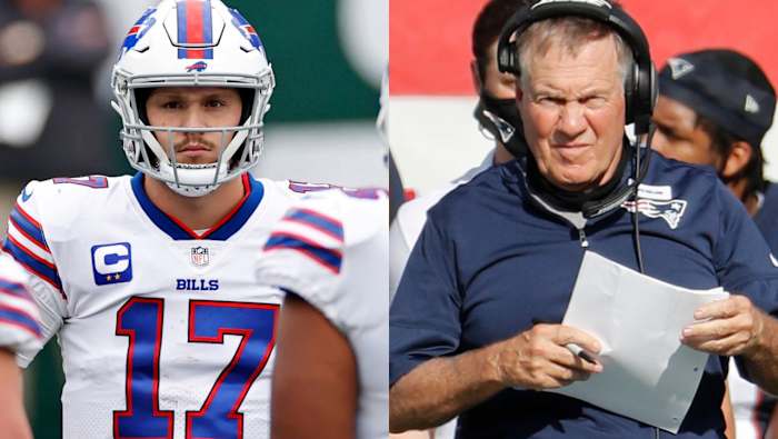 Bills’ QB Josh Allen (left) and Patriots’ HC Bill Belichick (right)