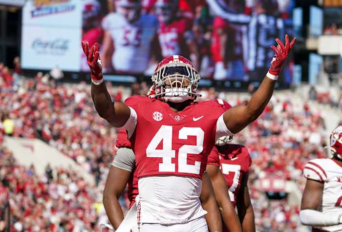 Alabama Crimson Tide linebacker Jaylen Moody (42) reacts after returning a blocked punt by the New Mexico State Aggies at Bryant-Denny Stadium.
