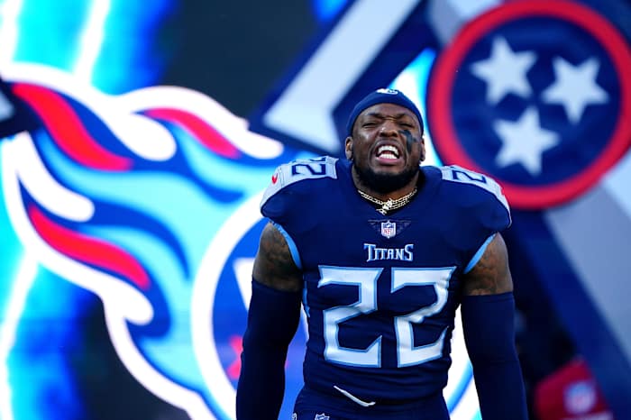 Tennessee Titans running back Derrick Henry (22) is introduced before NFL divisional playoff football game against the Cincinnati Bengals, Saturday, Jan. 22, 2022, at Nissan Stadium in Nashville.