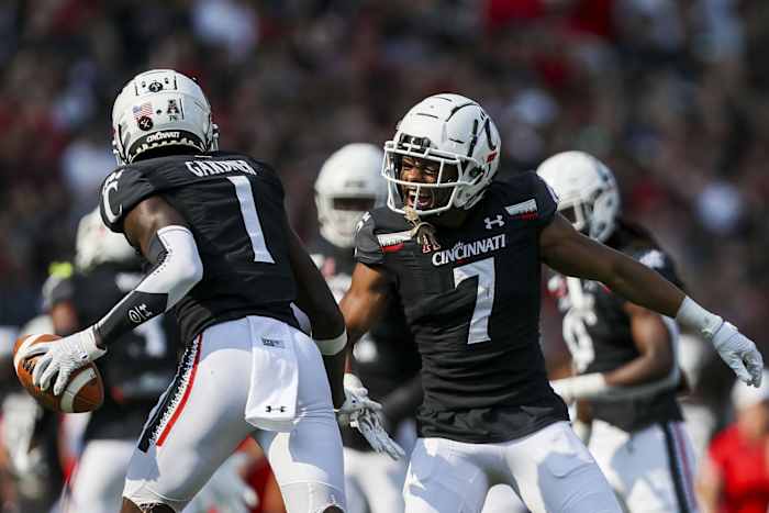 Cincinnati cornerback Coby Bryant celebrates interception