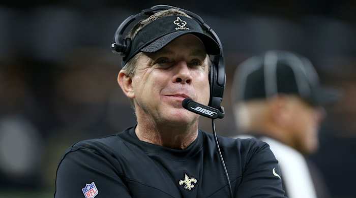 New Orleans Saints head coach Sean Payton on the sidelines in the second quarter against the Carolina Panthers.