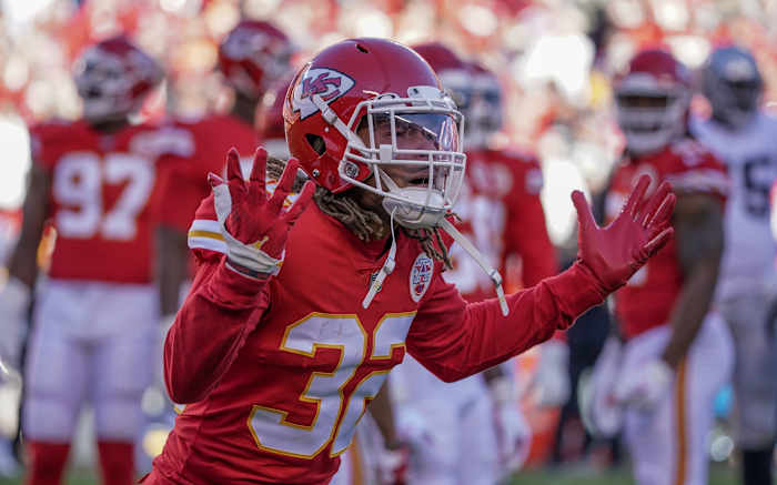 Dec 12, 2021; Kansas City, Missouri, USA; Kansas City Chiefs free safety Tyrann Mathieu (32) reacts to play against the Las Vegas Raiders during the second half at GEHA Field at Arrowhead Stadium. Mandatory Credit: Denny Medley-USA TODAY Sports
