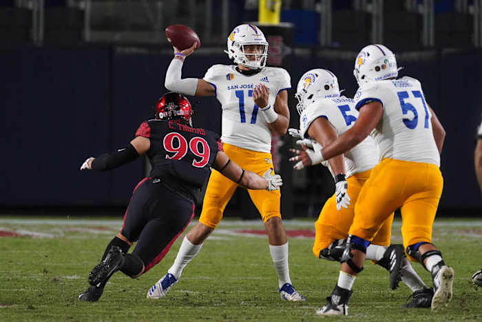 San Diego State edge rusher Cameron Thomas pressures the quarterback