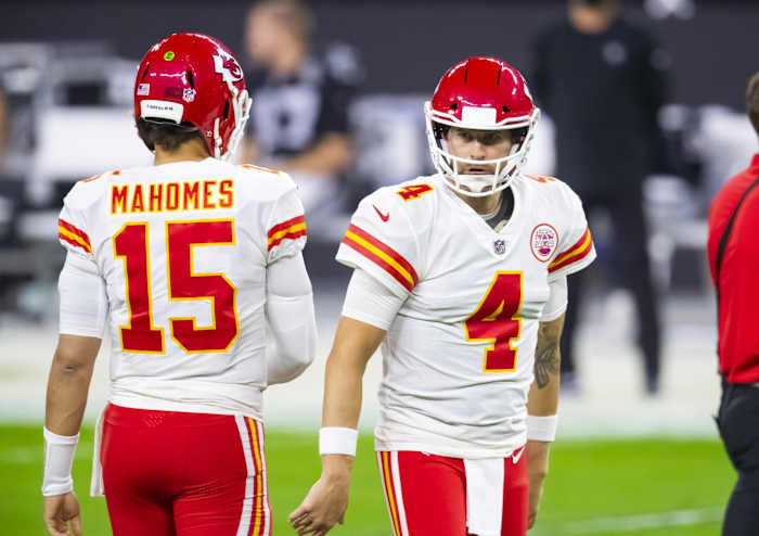 Kansas City Chiefs quarterback Chad Henne with Patrick Mahomes