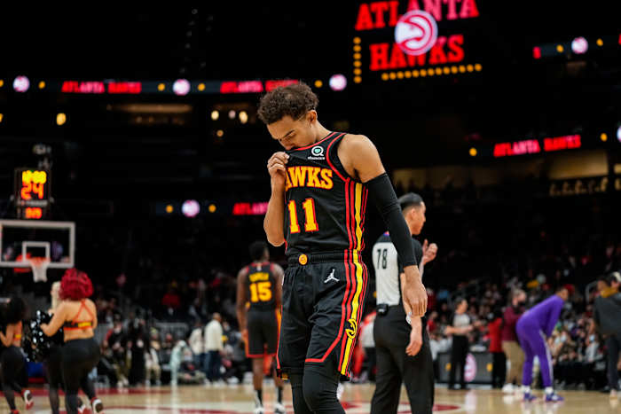 Jan 26, 2022; Atlanta, Georgia, USA; Atlanta Hawks guard Trae Young (11) on the court before the start of the game against the Sacramento Kings at State Farm Arena.
