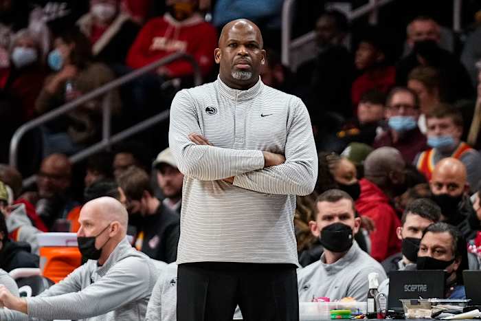 Jan 26, 2022; Atlanta, Georgia, USA; Atlanta Hawks head coach Nate McMillan on the sidelines during the game against the Sacramento Kings during the first half at State Farm Arena.