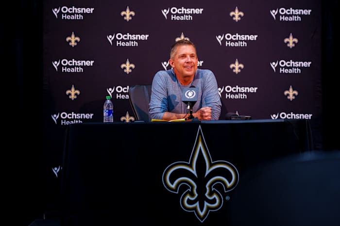 New Orleans Saints head coach Sean Payton speaks during a press conference at Ochsner Sports Performance Center.