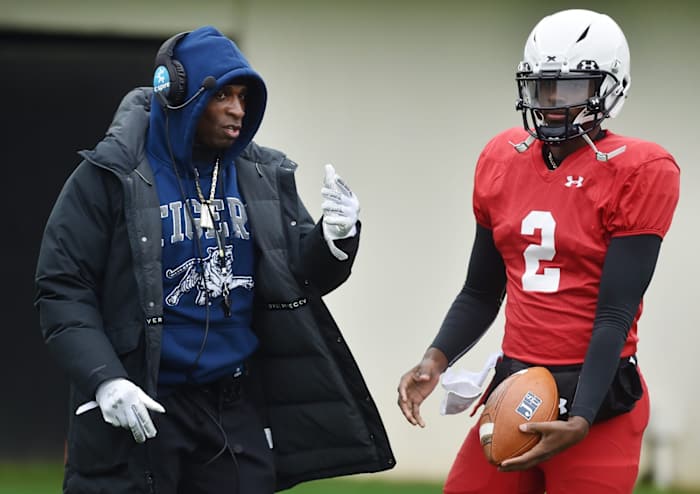 Jackson State University head football coach Deion Sanders gets talks to quarterback Shedeur Sanders