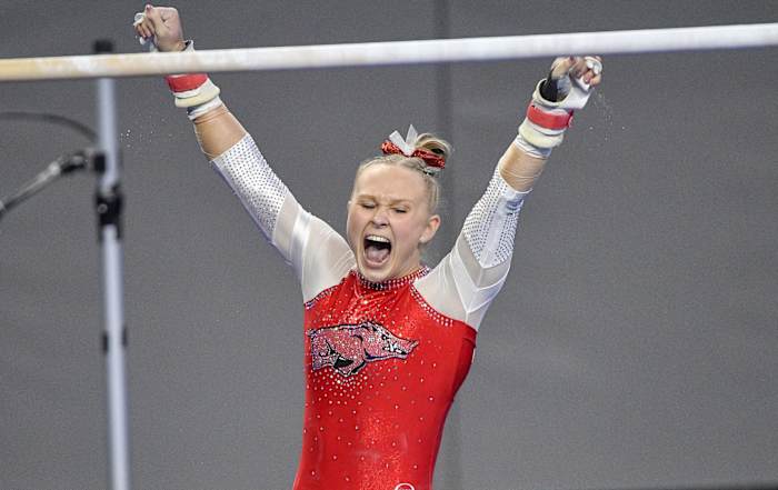 University of Arkansas Razorbacks gymnast Maggie O Hara performs during the 2021 NCAA Women Gymnastics Championships at Dickies Arena.