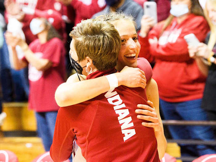 Moren and Patberg hug after the win over Maryland