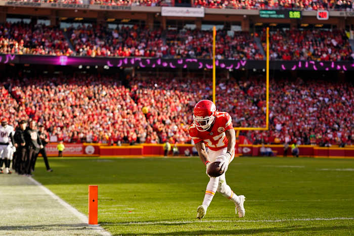 Jan 30, 2022; Kansas City, Missouri, USA; Kansas City Chiefs wide receiver Mecole Hardman (17) scores a touchdown against the Cincinnati Bengals during the second quarter of the AFC Championship Game at GEHA Field at Arrowhead Stadium. Mandatory Credit: Jay Biggerstaff-USA TODAY Sports